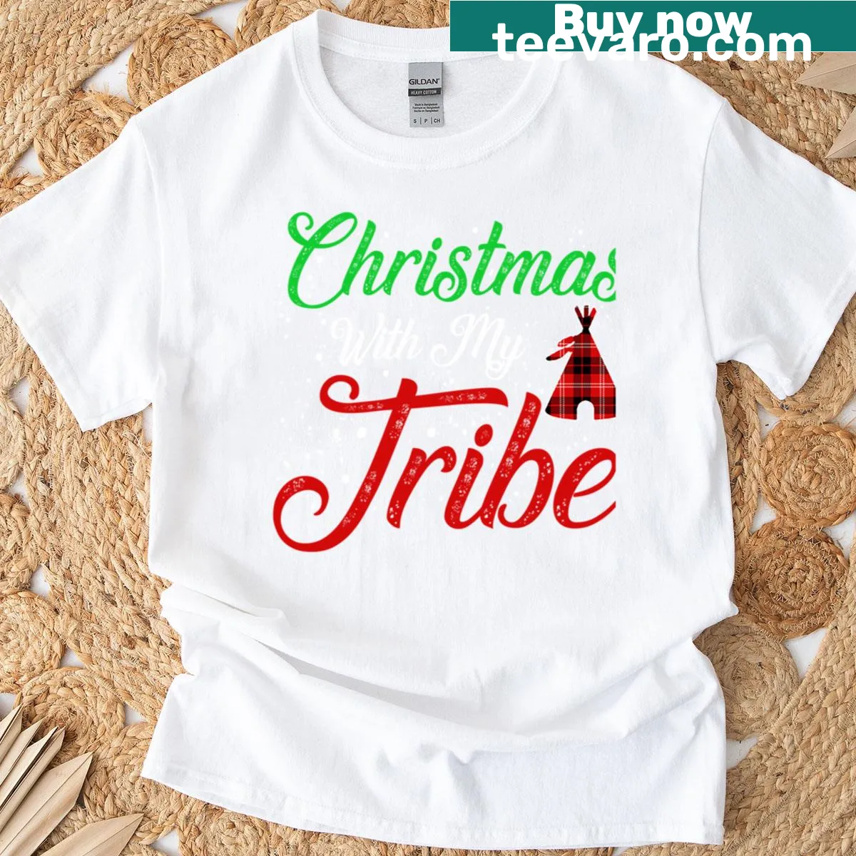 Christmas-themed t-shirt with buffalo plaid design — on a men's t-shirt