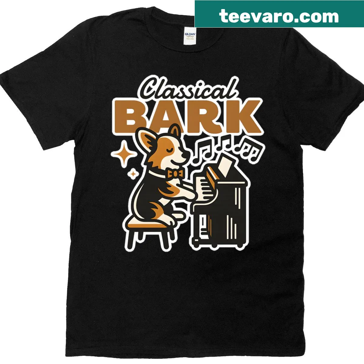 Funny corgi playing piano graphic on an oversized T-shirt — on a men's t-shirt