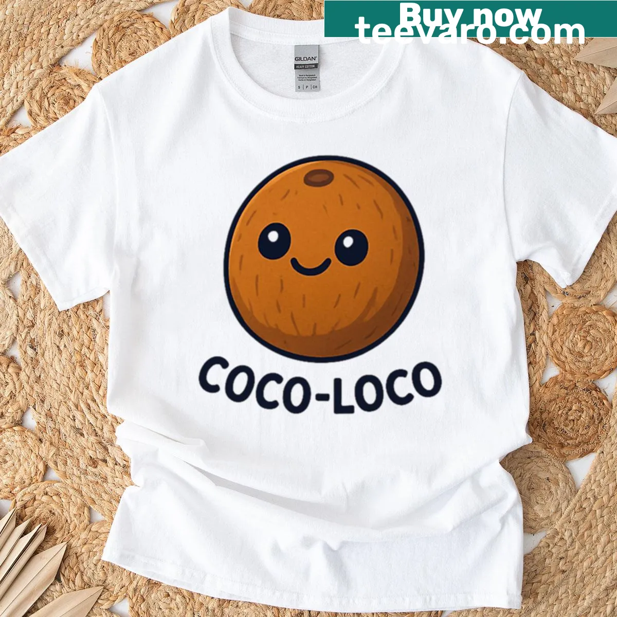 Oversized T-shirt with a playful coconut sticker graphic — on a men's t-shirt