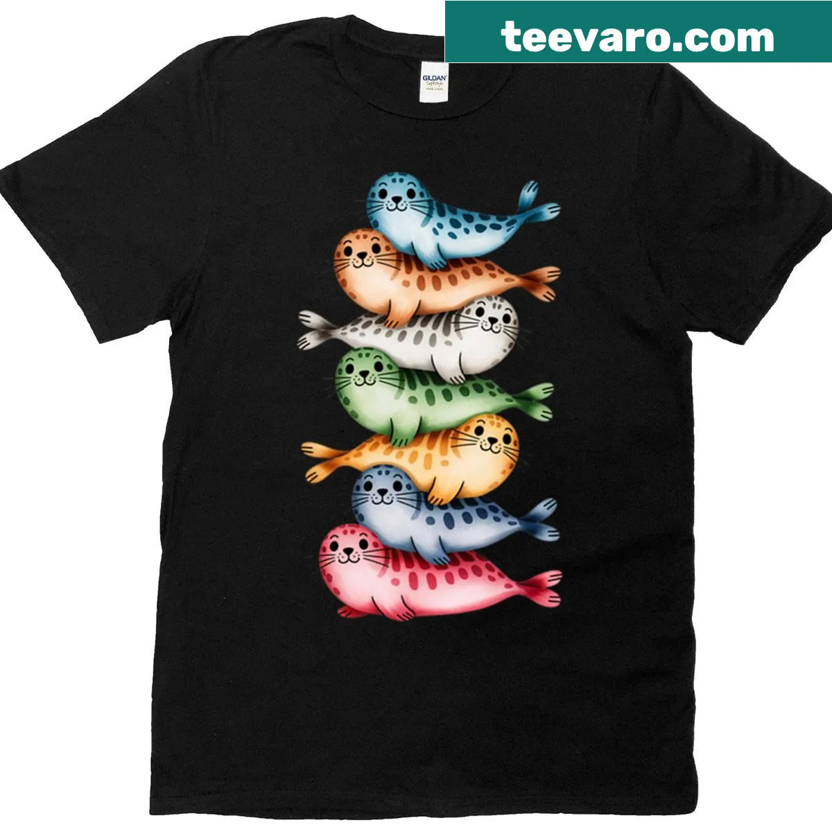 Cartoon seals stacked design T-shirt for animal lovers. — on a men's t-shirt
