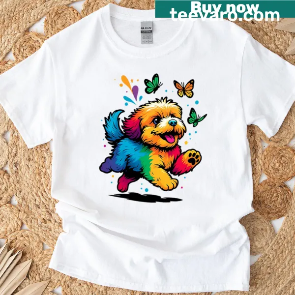 Dog chasing butterflies illustration on a t-shirt