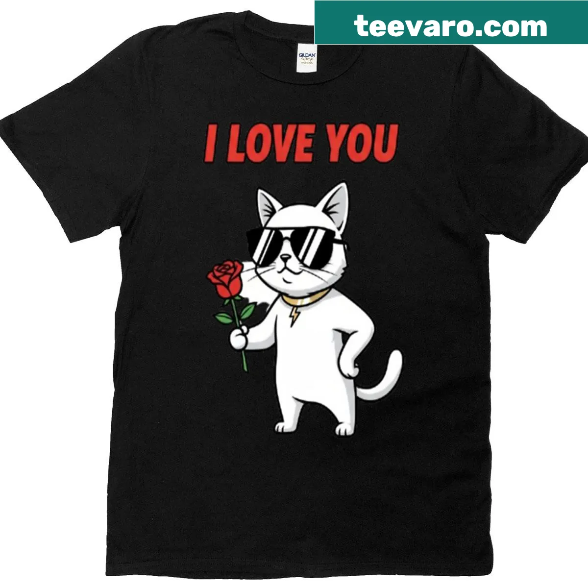 Cartoon cat with a rose in a romantic design on a T-shirt — on a men's t-shirt