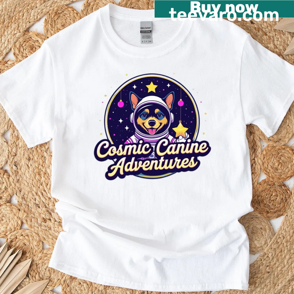 Funny illustration of a space dog in a cosmic design for Christmas — on a men's t-shirt