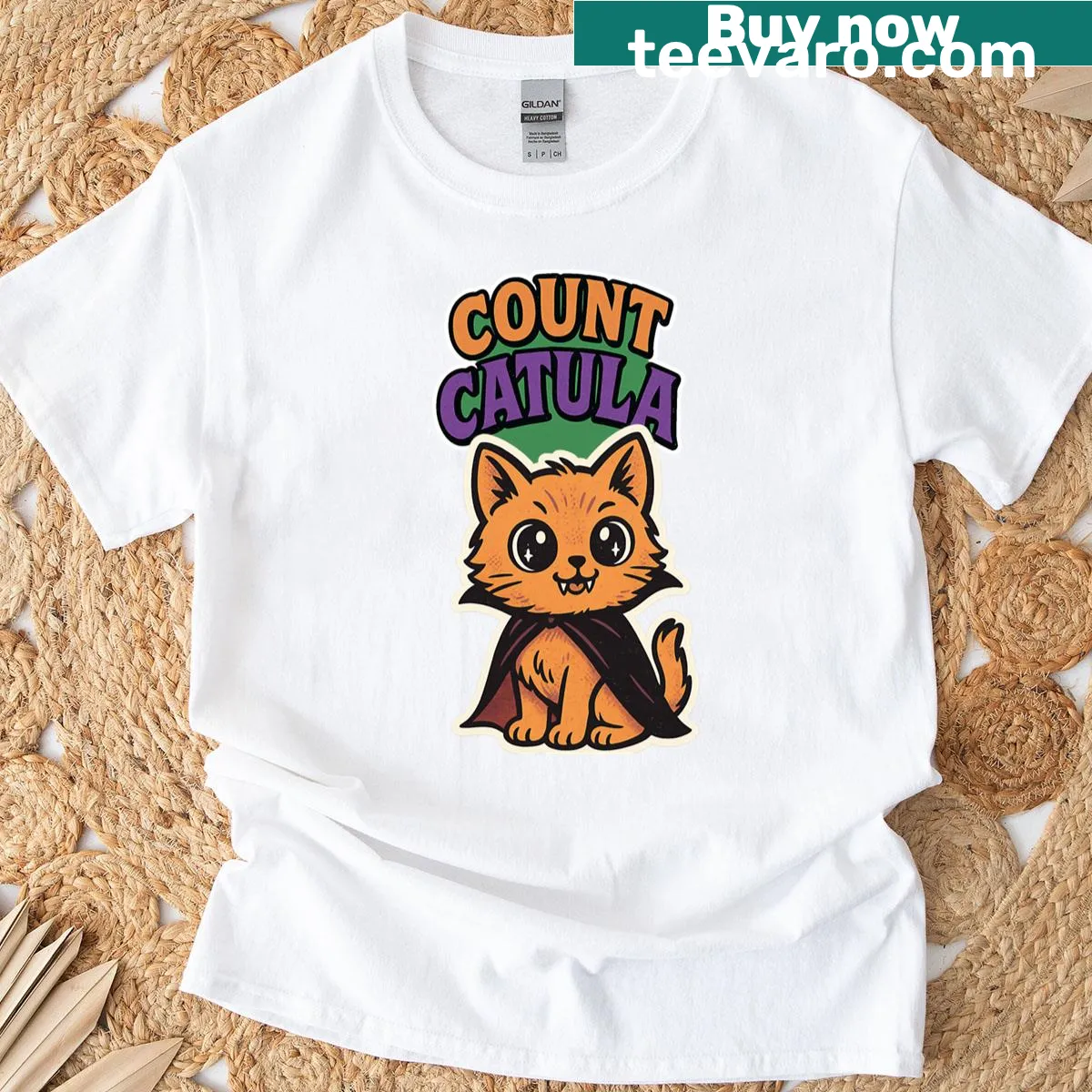 Retro vampire cat Halloween t-shirt featuring Count Catula design — on a men's t-shirt