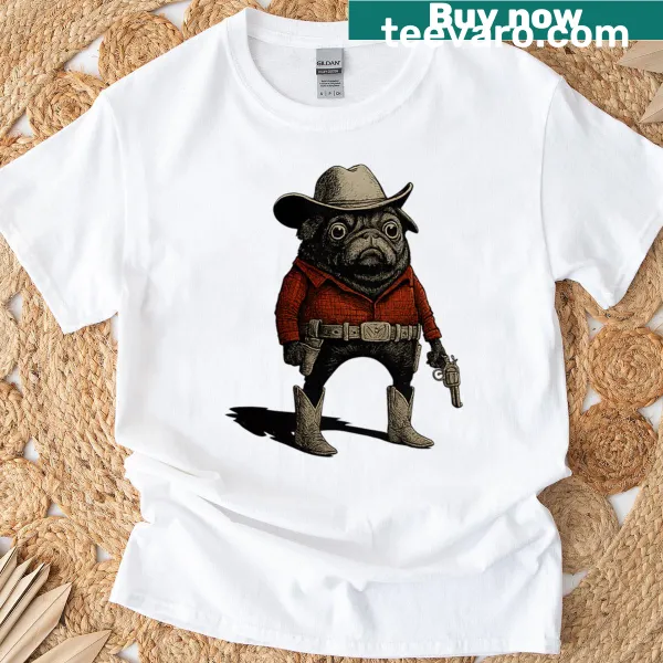 Funny cowboy pug graphic in western outfit on T-shirt