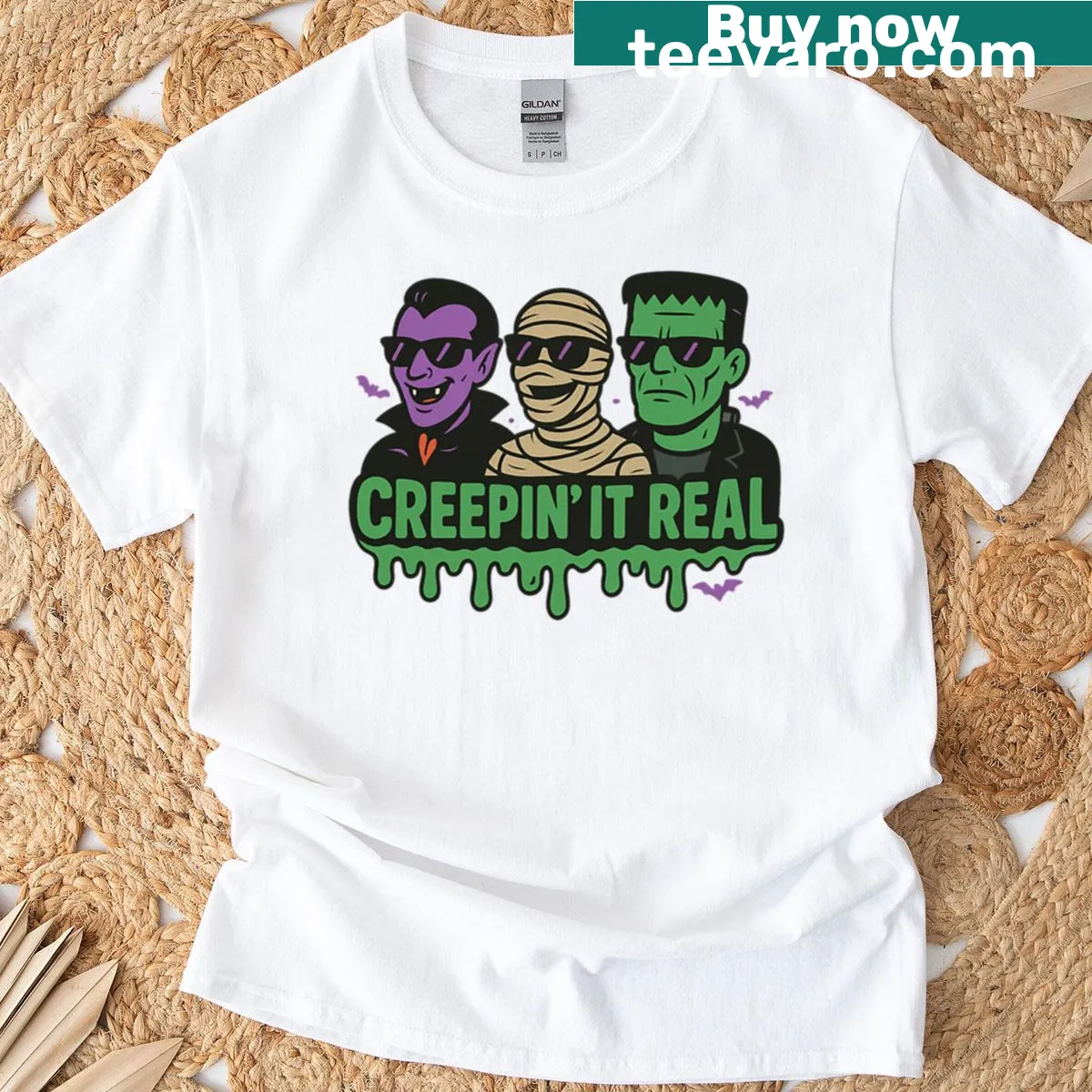 Cartoon monsters with humorous design on an oversized Halloween t-shirt — on a men's t-shirt