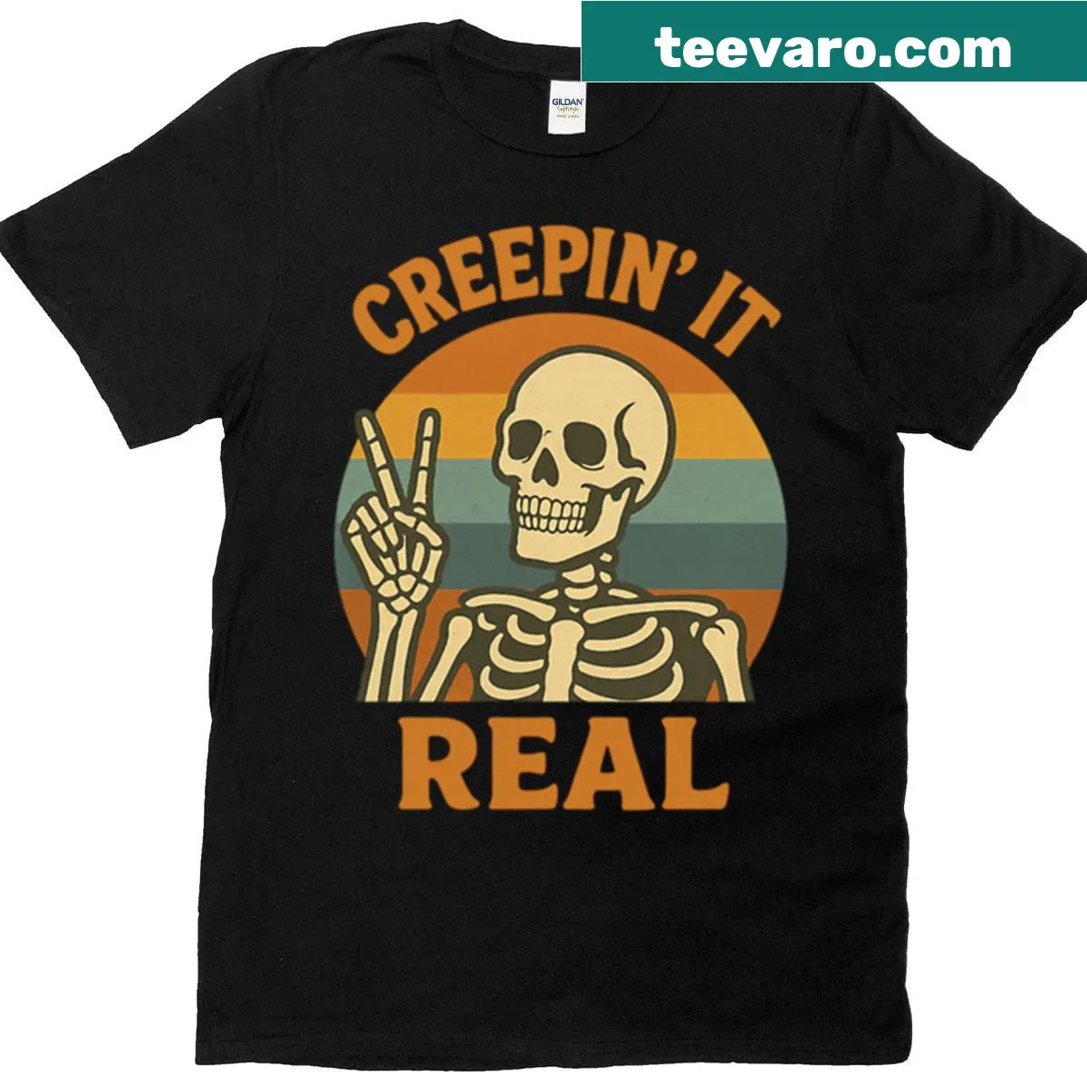 Retro skeleton Halloween t-shirt with the phrase 'Creepin It Real' — on a men's t-shirt