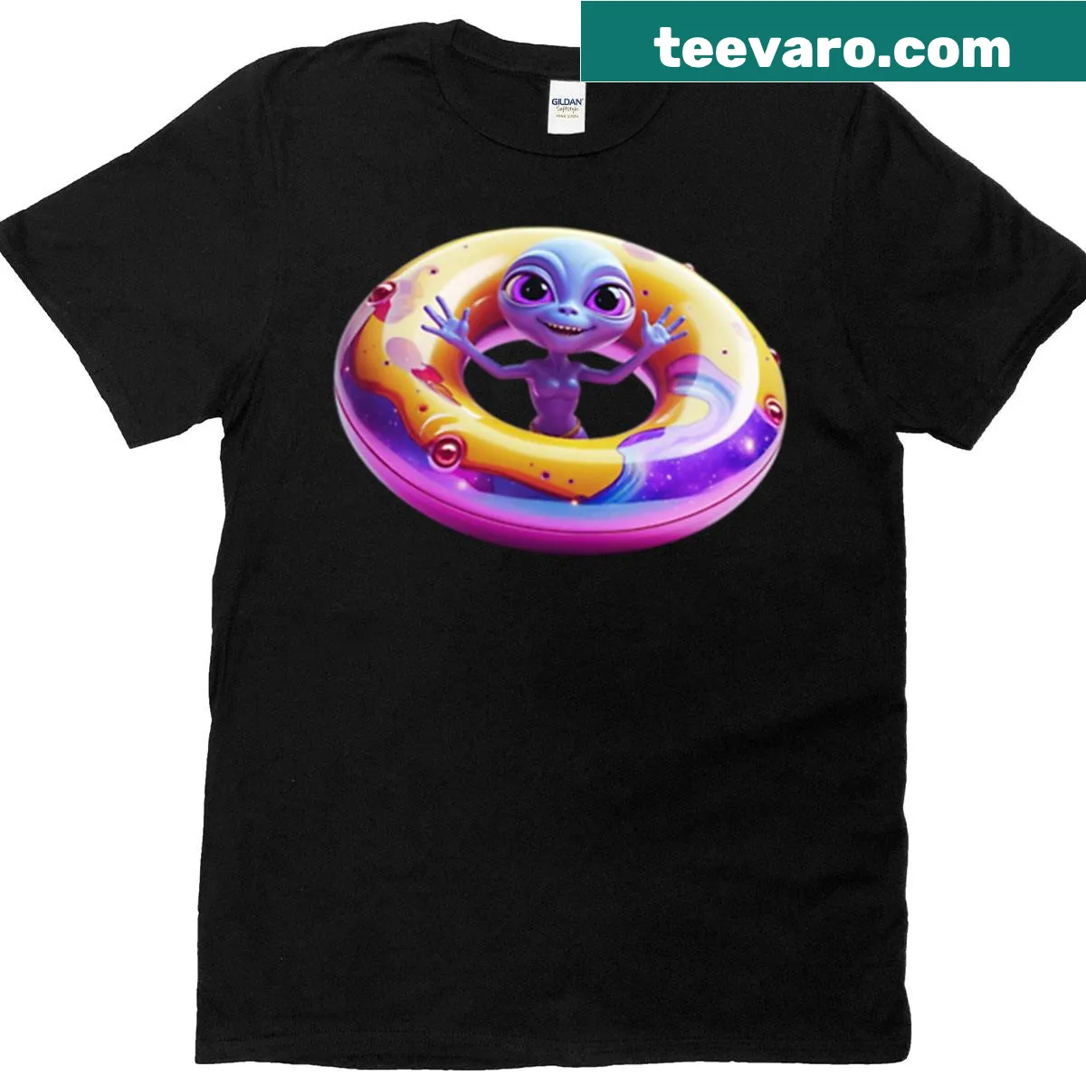 Cartoon alien donut UFO design on oversized t-shirt — on a men's t-shirt