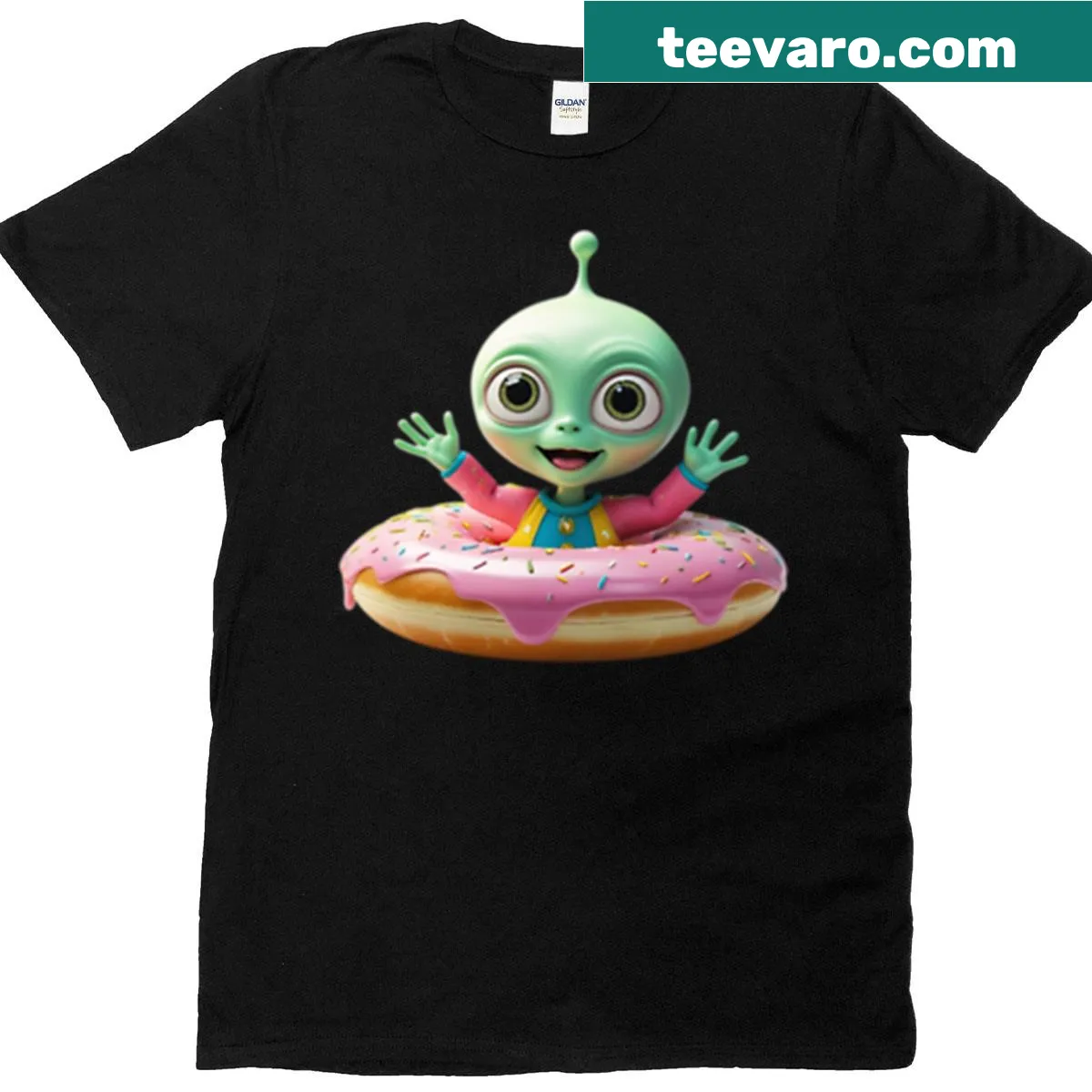 Cartoon alien UFO with donuts graphic T-shirt for playful wear. — on a men's t-shirt