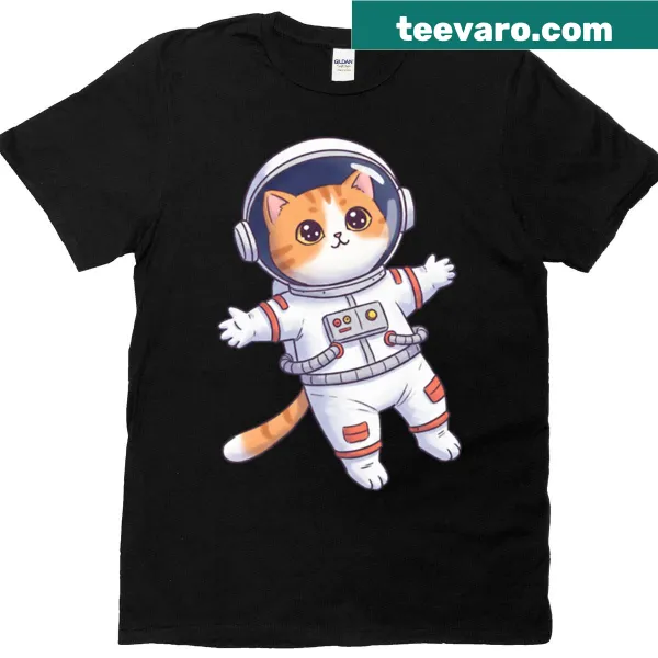 Kawaii cat in a space suit with stars and planets