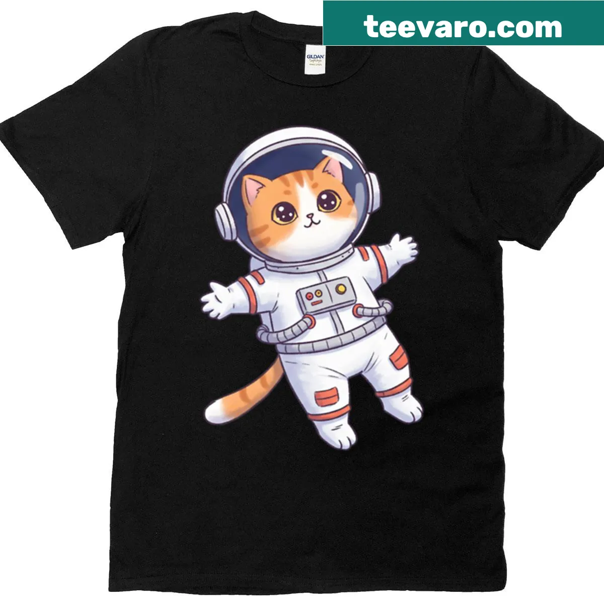Kawaii cat in a space suit with stars and planets — on a men's t-shirt