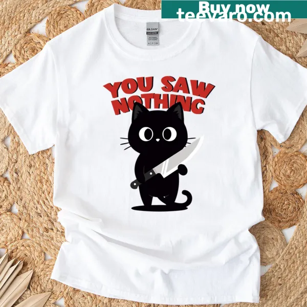 Funny black cat T-shirt with knife and humorous text