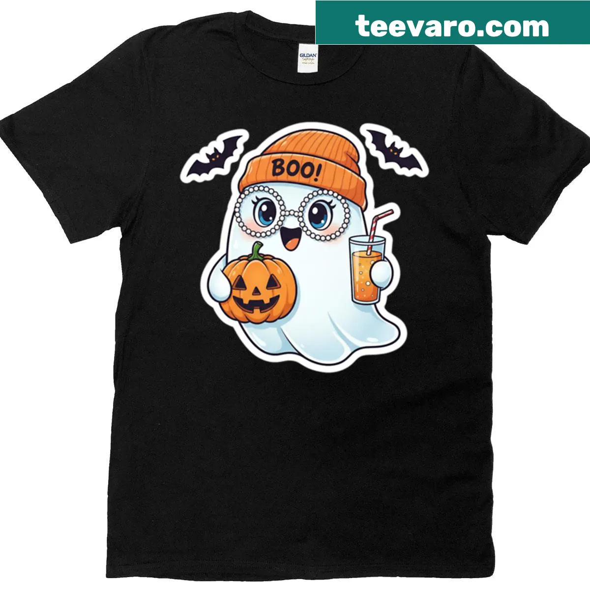 Friendly cartoon ghost with pumpkin and bats on t-shirt — on a men's t-shirt