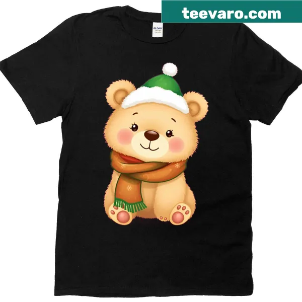 Illustration of a Christmas bear in winter hat and scarf on t-shirt