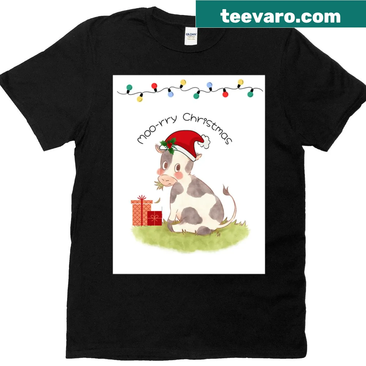T-shirt featuring a cute Christmas cow design with festive elements. — on a men's t-shirt