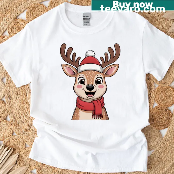 Oversized t-shirt with cute Christmas reindeer in Santa hat and scarf