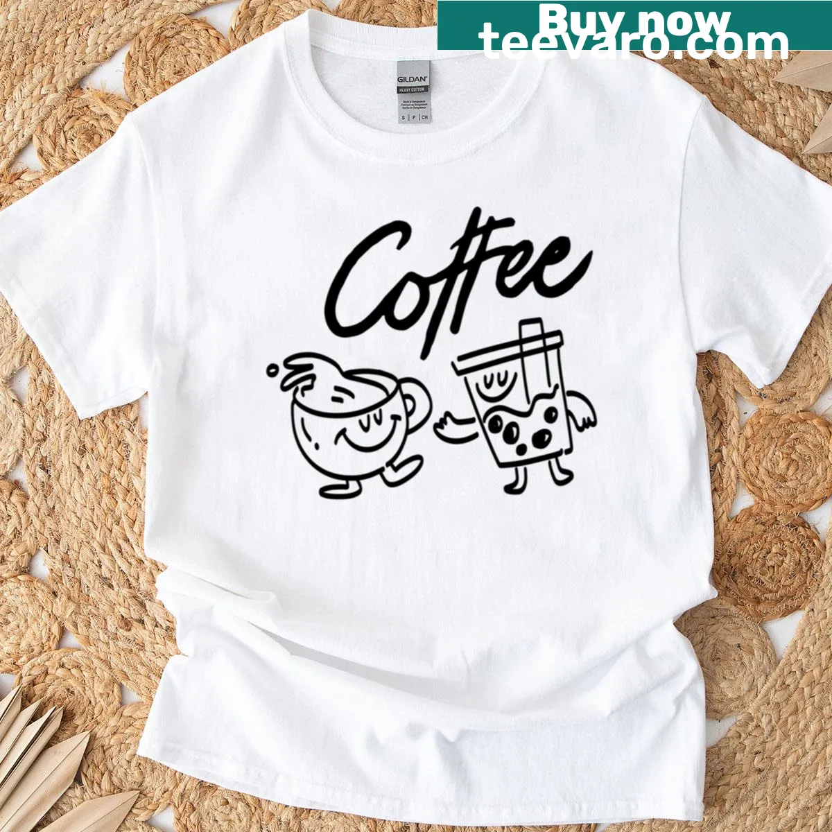 Cute coffee and bubble tea cartoon design t-shirt — on a men's t-shirt