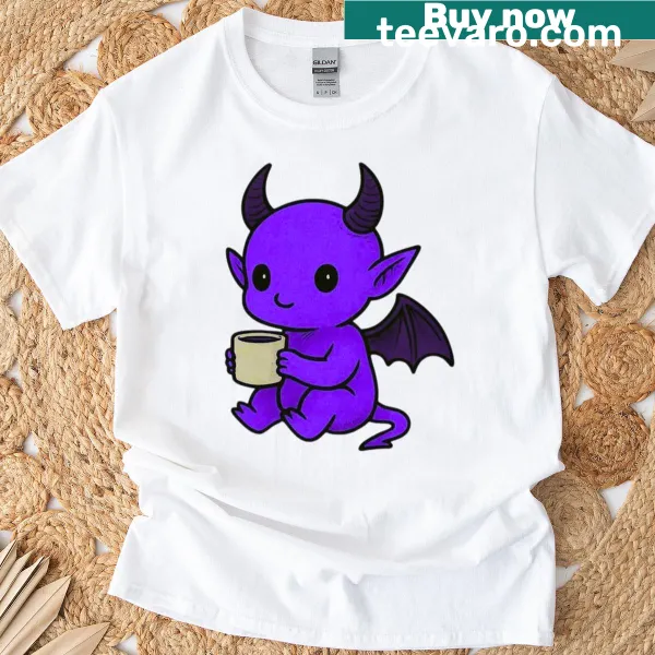 Cute cartoon demon enjoying coffee t-shirt