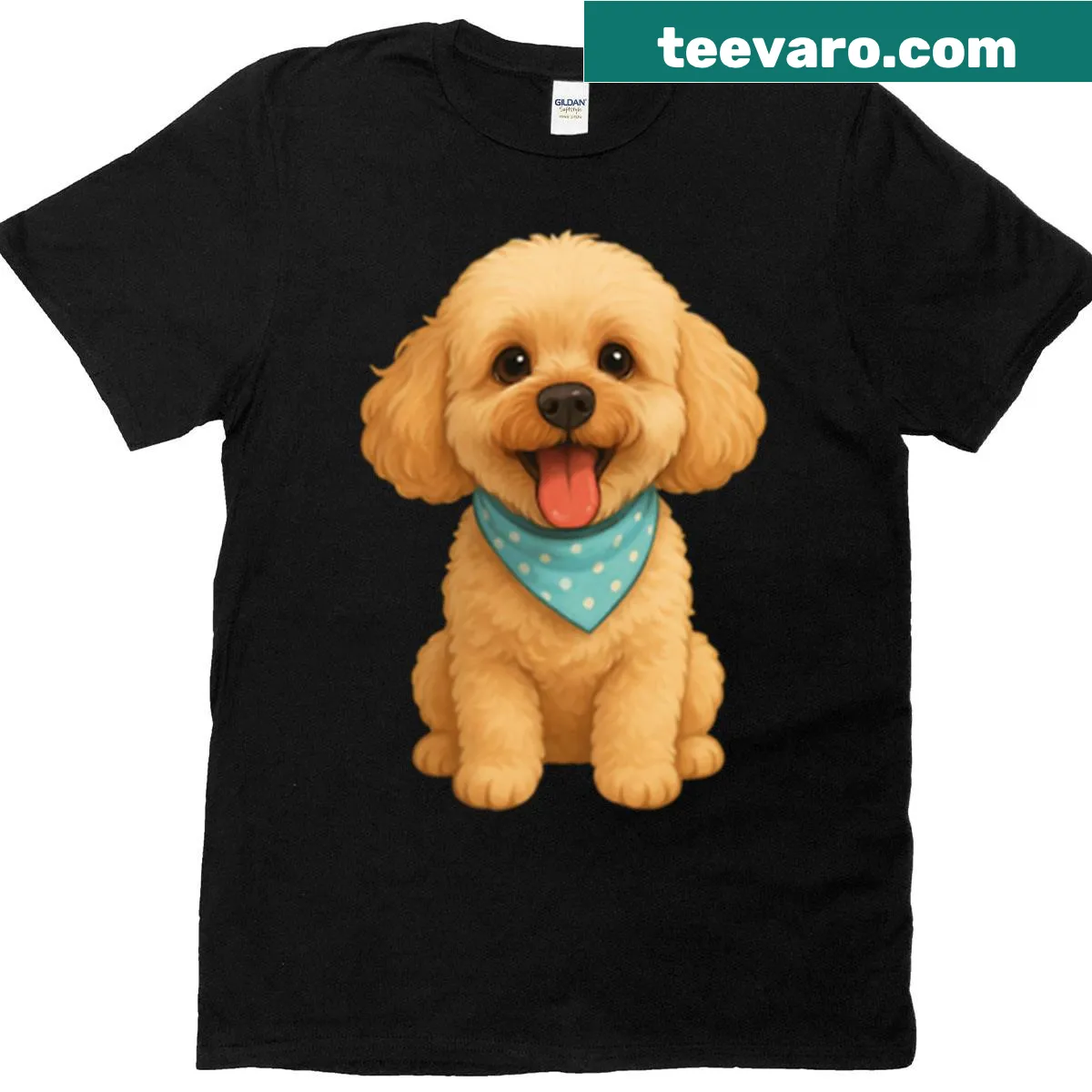 Cartoon t-shirt featuring a cute fluffy puppy with a blue bandana — on a men's t-shirt