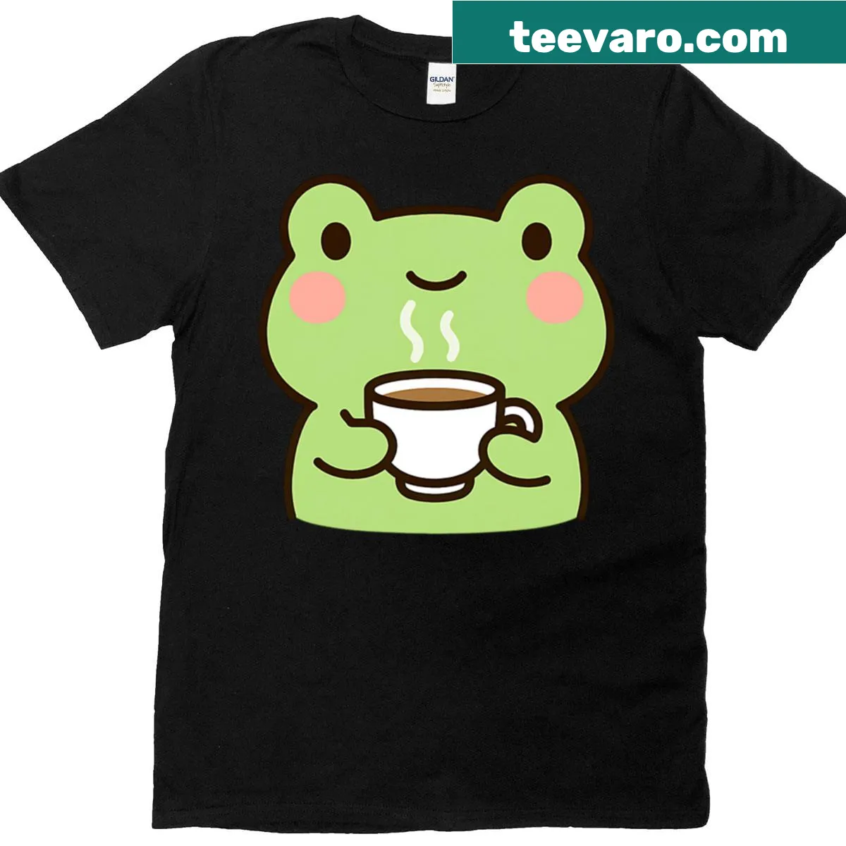 Cartoon frog sipping coffee on t-shirt — on a men's t-shirt