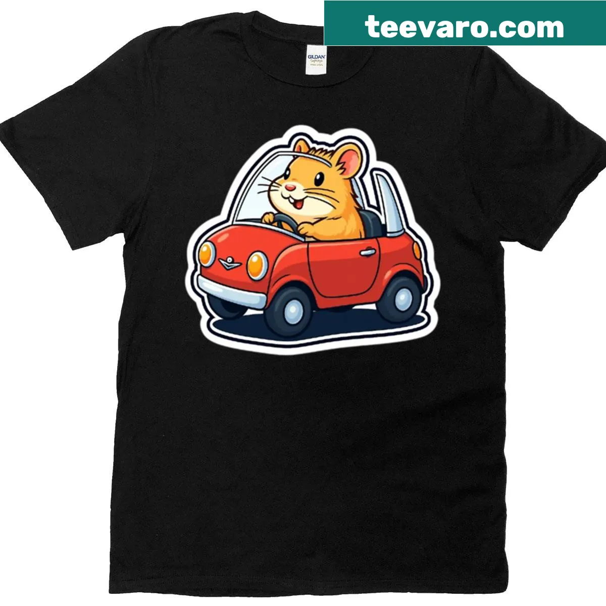 Cute hamster cartoon T-shirt with hamster driving a mini car — on a men's t-shirt