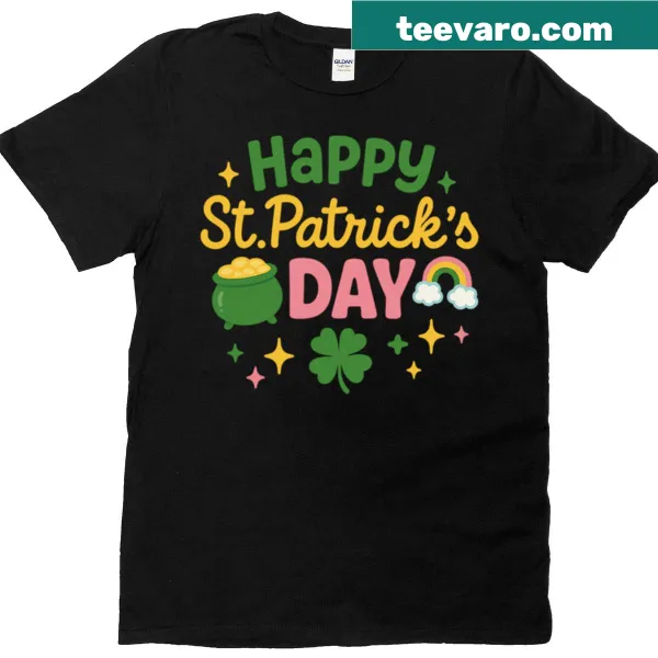 T-shirt with a cute design of a pot of gold and rainbow for St. Patrick's Day.