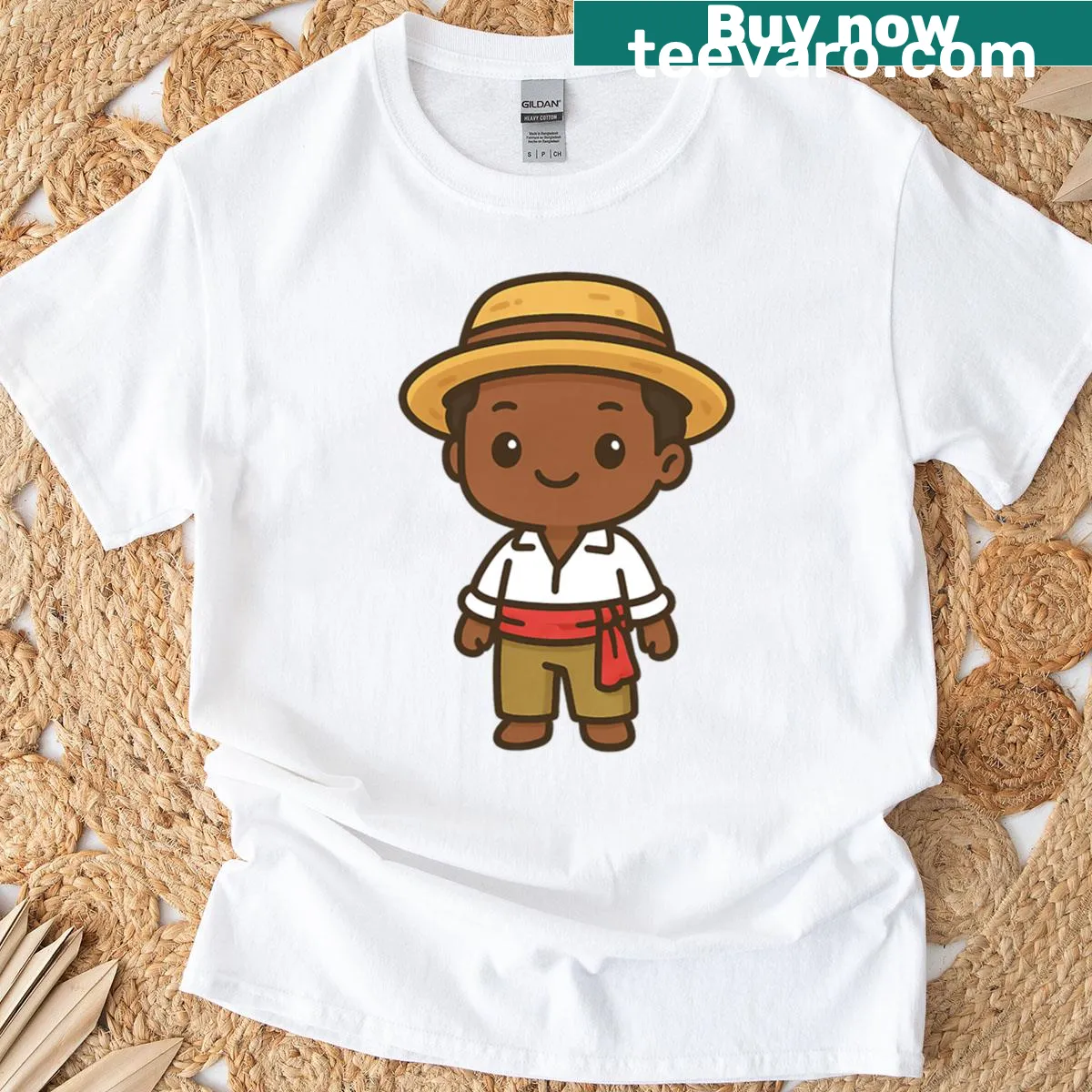Chibi Jamaican farmer t-shirt with a cute cartoon design — on a men's t-shirt