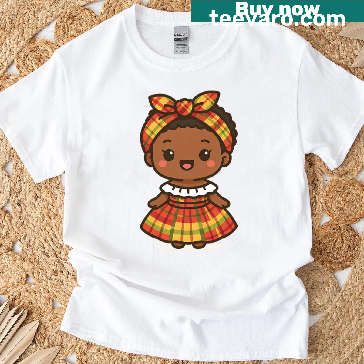 Chibi style Jamaican girl in traditional dress on t-shirt — on a men's t-shirt
