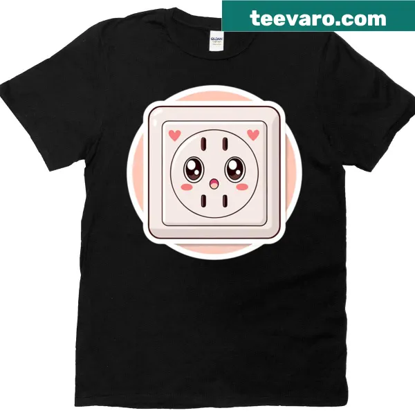 Kawaii electrical outlet cartoon character on oversized t-shirt