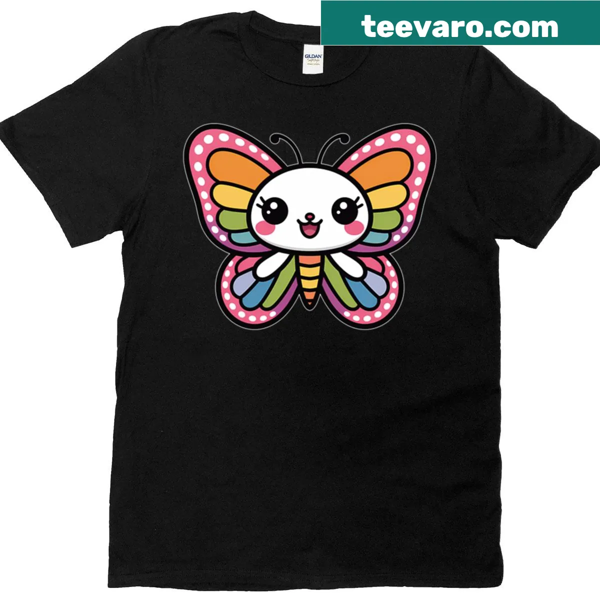 Kawaii rainbow butterfly graphic T-shirt — on a men's t-shirt
