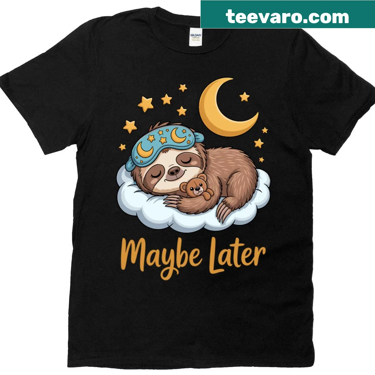 Illustrated sleeping sloth with 'Maybe Later' text, cute animal design — on a men's t-shirt