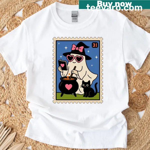 Cute ghost brewing potion graphic on a Halloween T-shirt