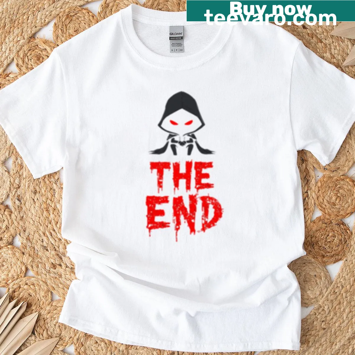 Dark cartoon shadow figure with red eyes and The End text — on a men's t-shirt