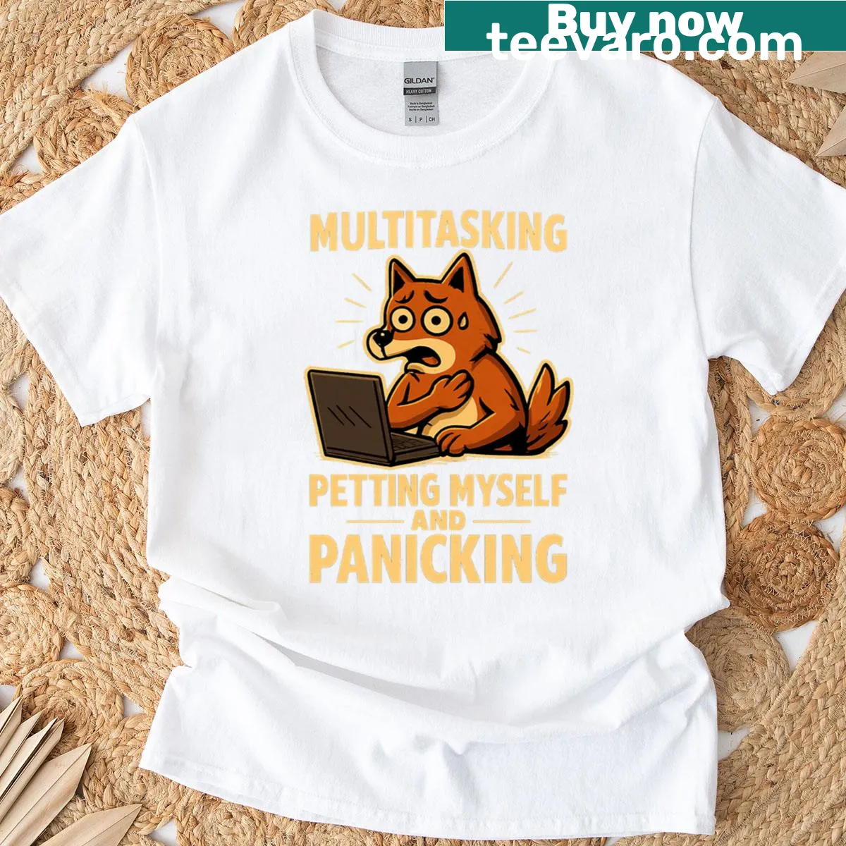 Comic-style dog quote t-shirt with playful design about multitasking — on a men's t-shirt