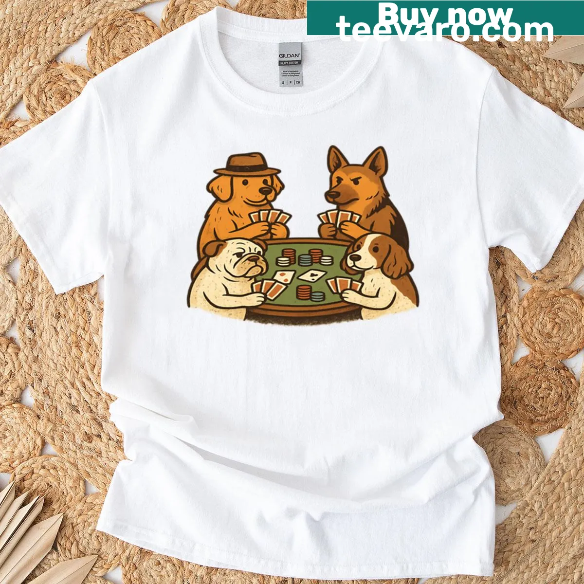 Vintage tee with dogs playing poker in a funny design — on a men's t-shirt