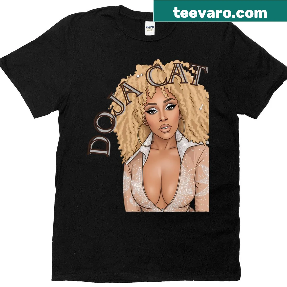 Cartoon design inspired by Doja Cat — on a men's t-shirt
