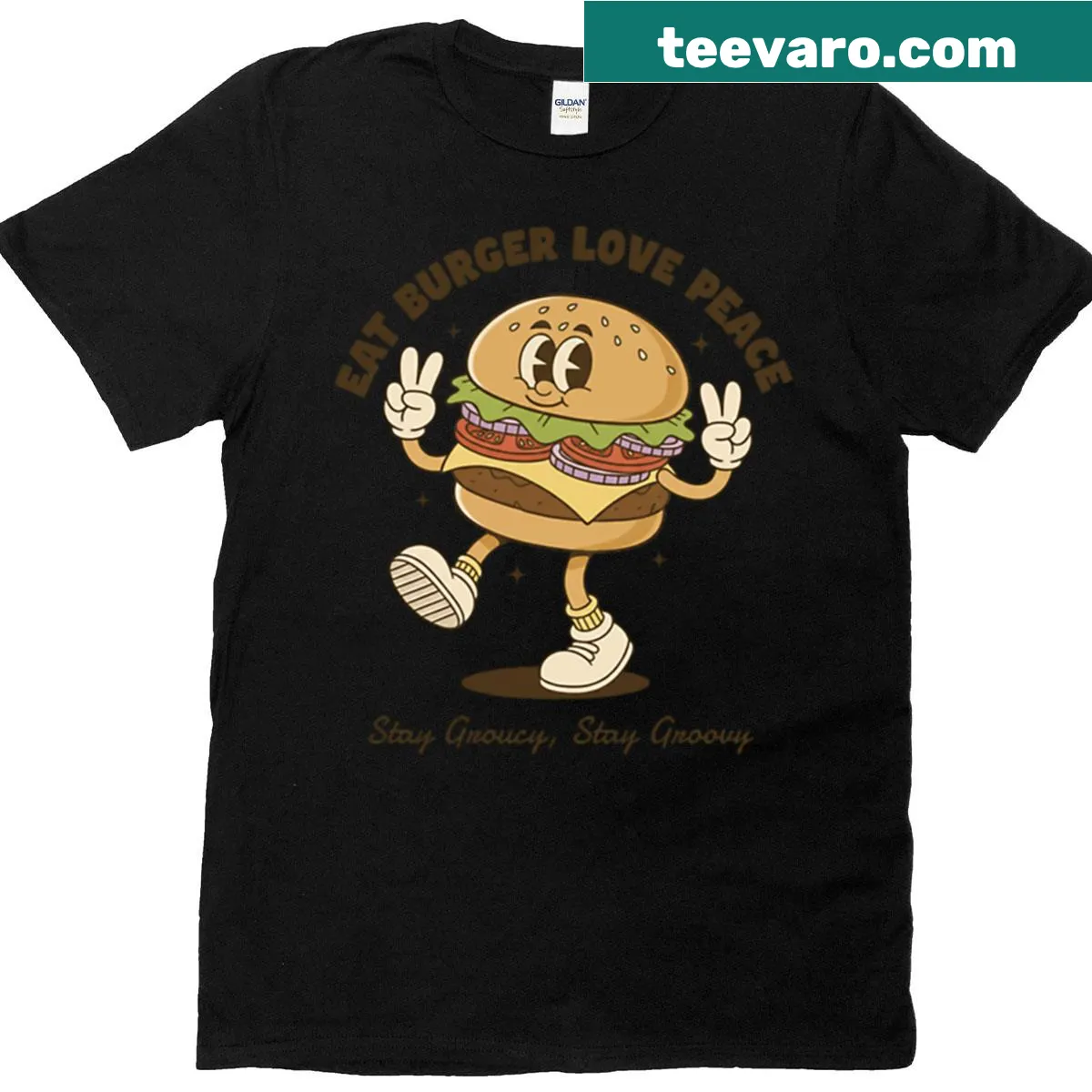 Retro hamburger graphic with cartoon elements and playful text — on a men's t-shirt
