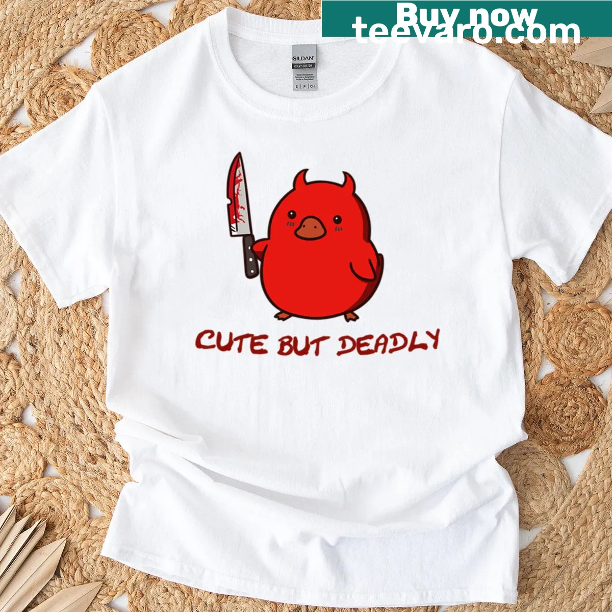 Cute but deadly evil duck T-shirt with bloody knife — on a men's t-shirt