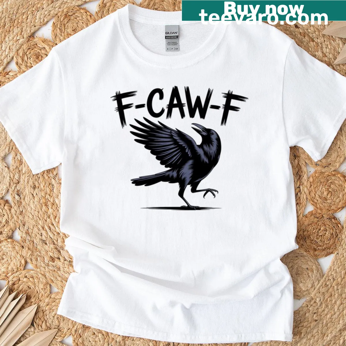 Bold T-shirt featuring a crow design with playful typography — on a men's t-shirt