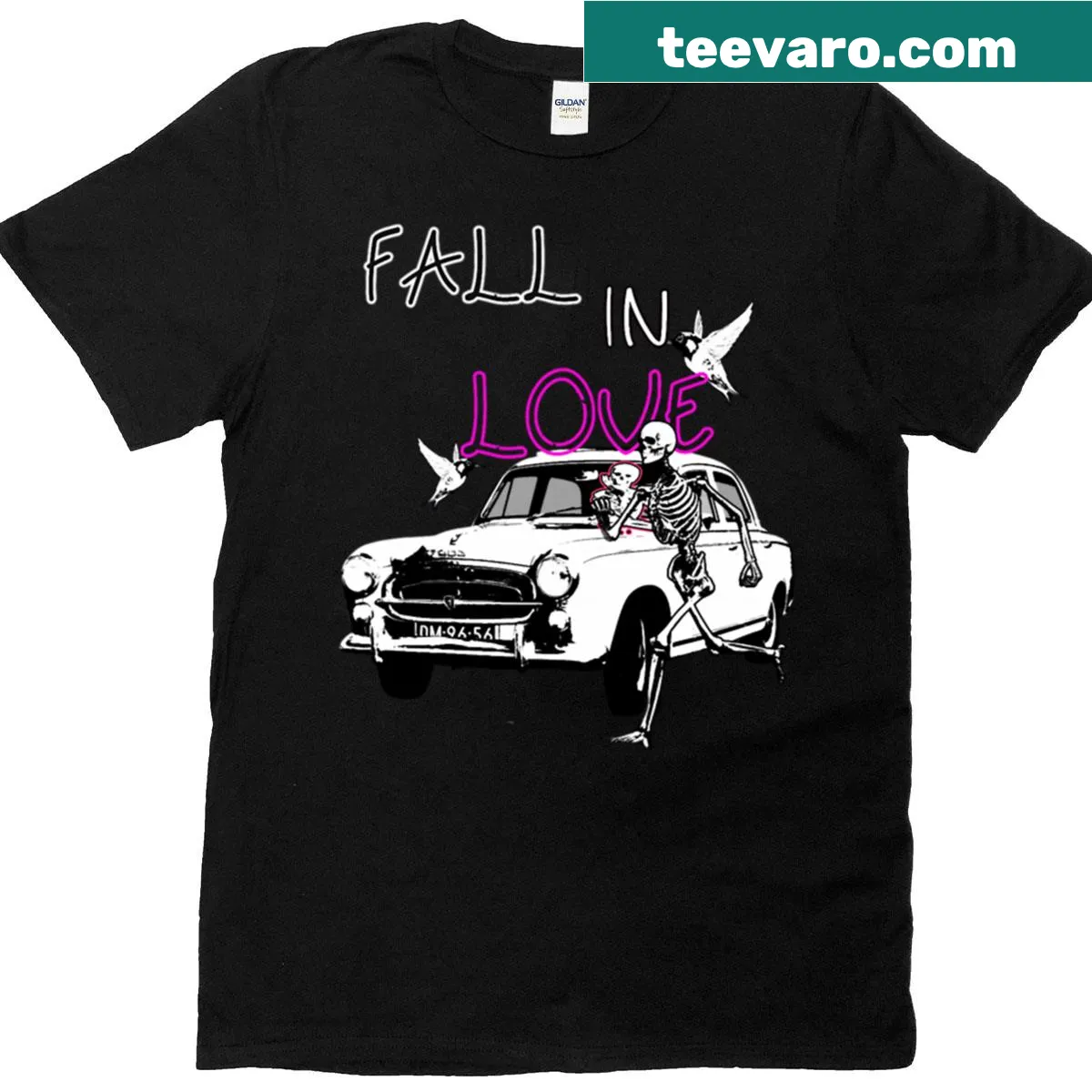 Inspirational typography design saying 'Fall In Love' — on a men's t-shirt