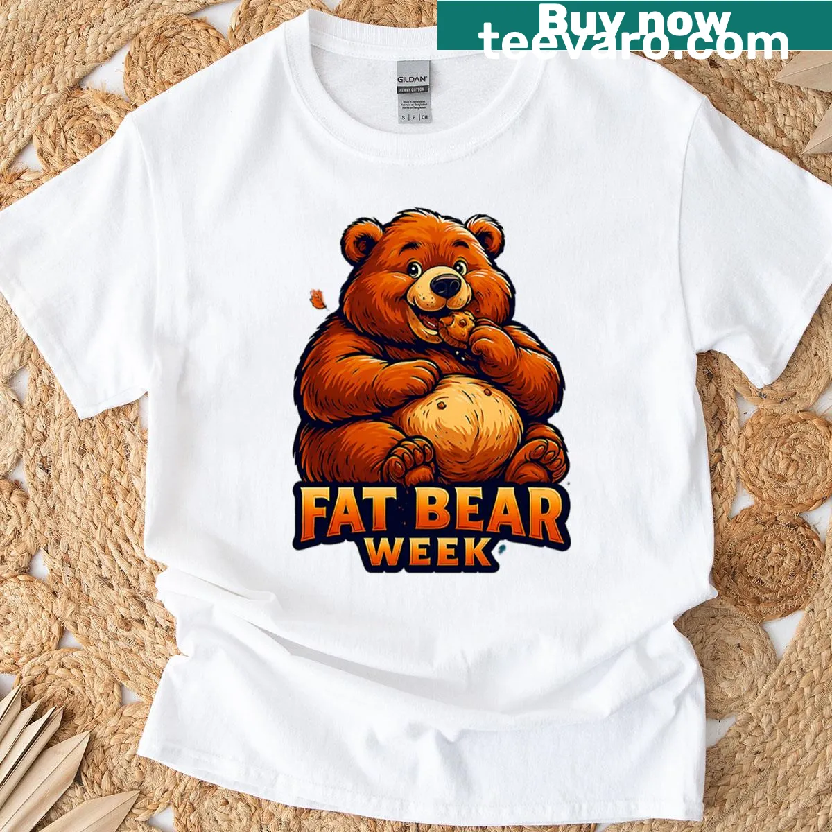 Cute cartoon bear eating featured on a T-shirt for Fat Bear Week — on a men's t-shirt