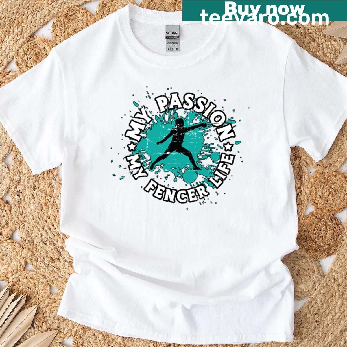 Fencing passion typography t-shirt for sword fighting enthusiasts — on a men's t-shirt