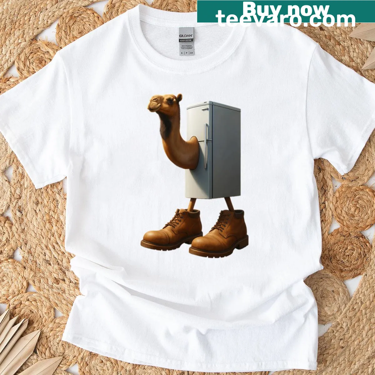 Oversized t-shirt with a cartoon camel next to a fridge — on a men's t-shirt