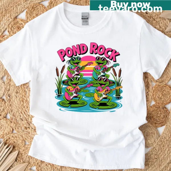 Playful T-shirt featuring a funky frog jamming by the pond
