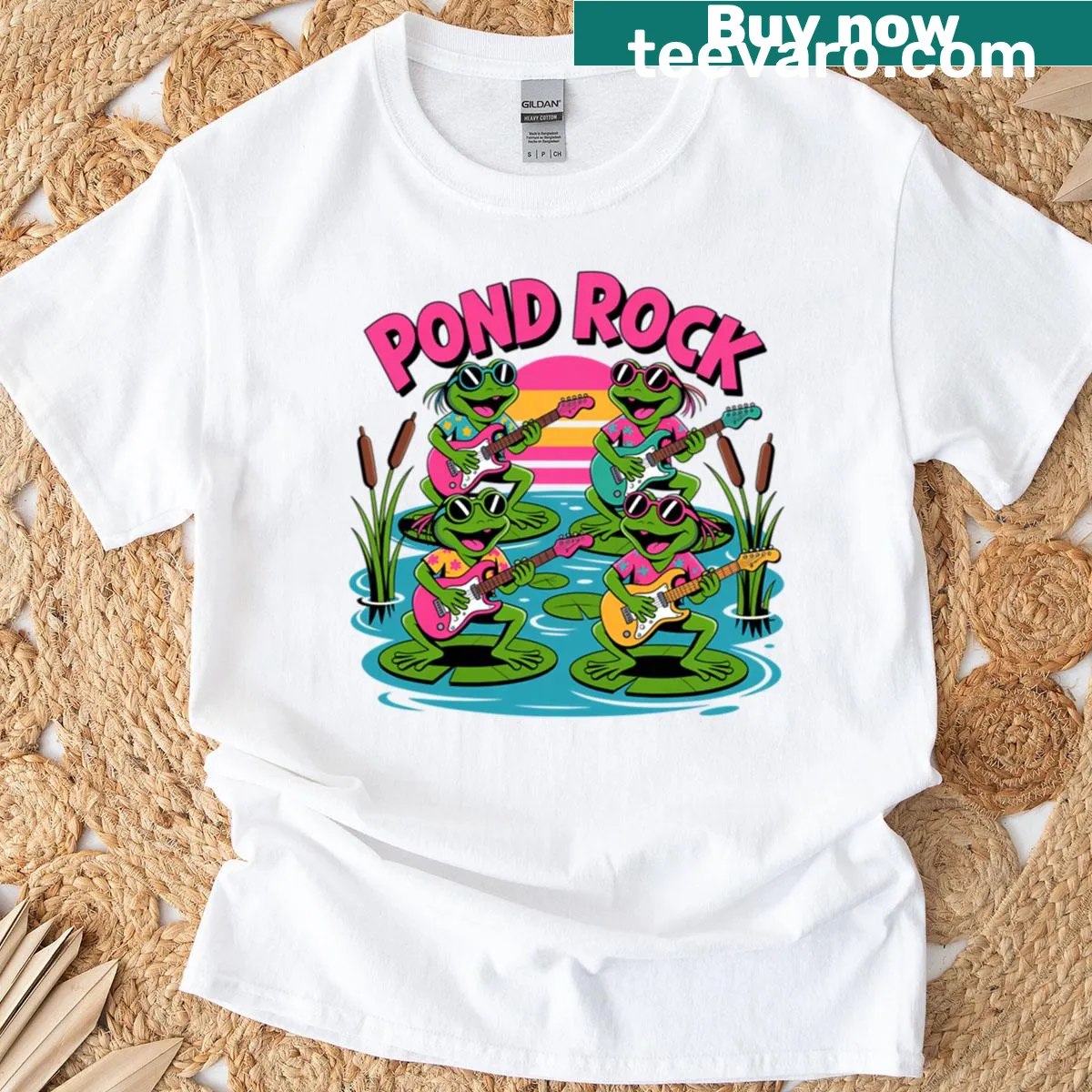 Playful T-shirt featuring a funky frog jamming by the pond — on a men's t-shirt
