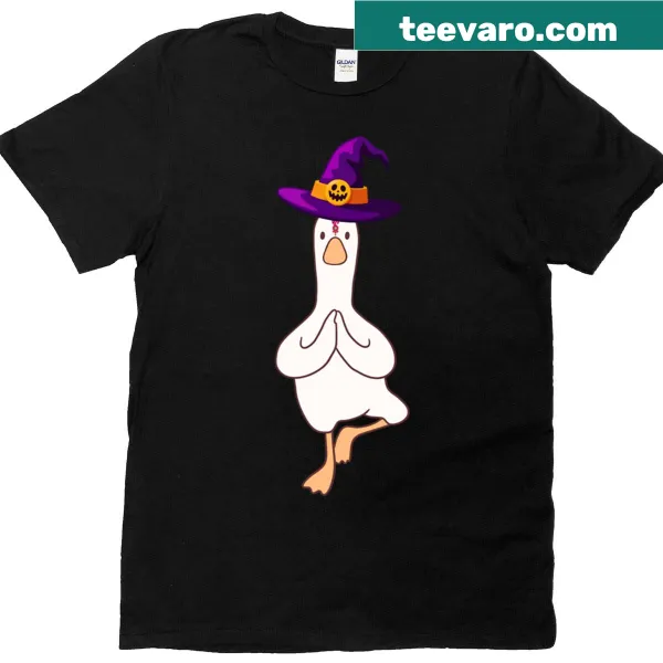 Cartoon duck doing yoga with Halloween elements