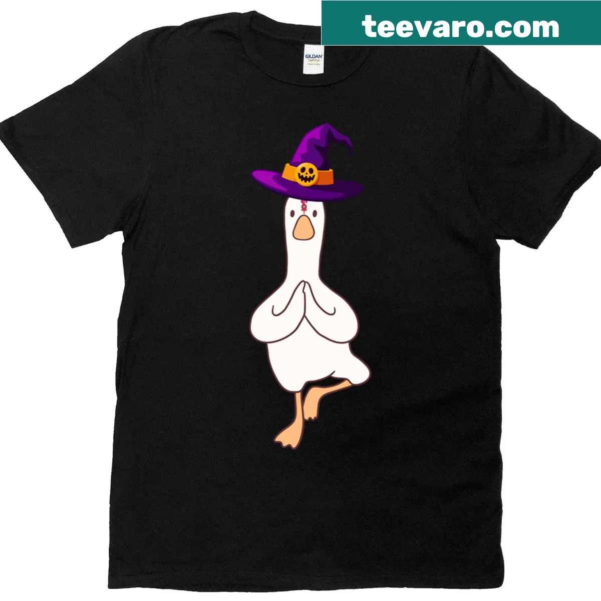 Cartoon duck doing yoga with Halloween elements — on a men's t-shirt