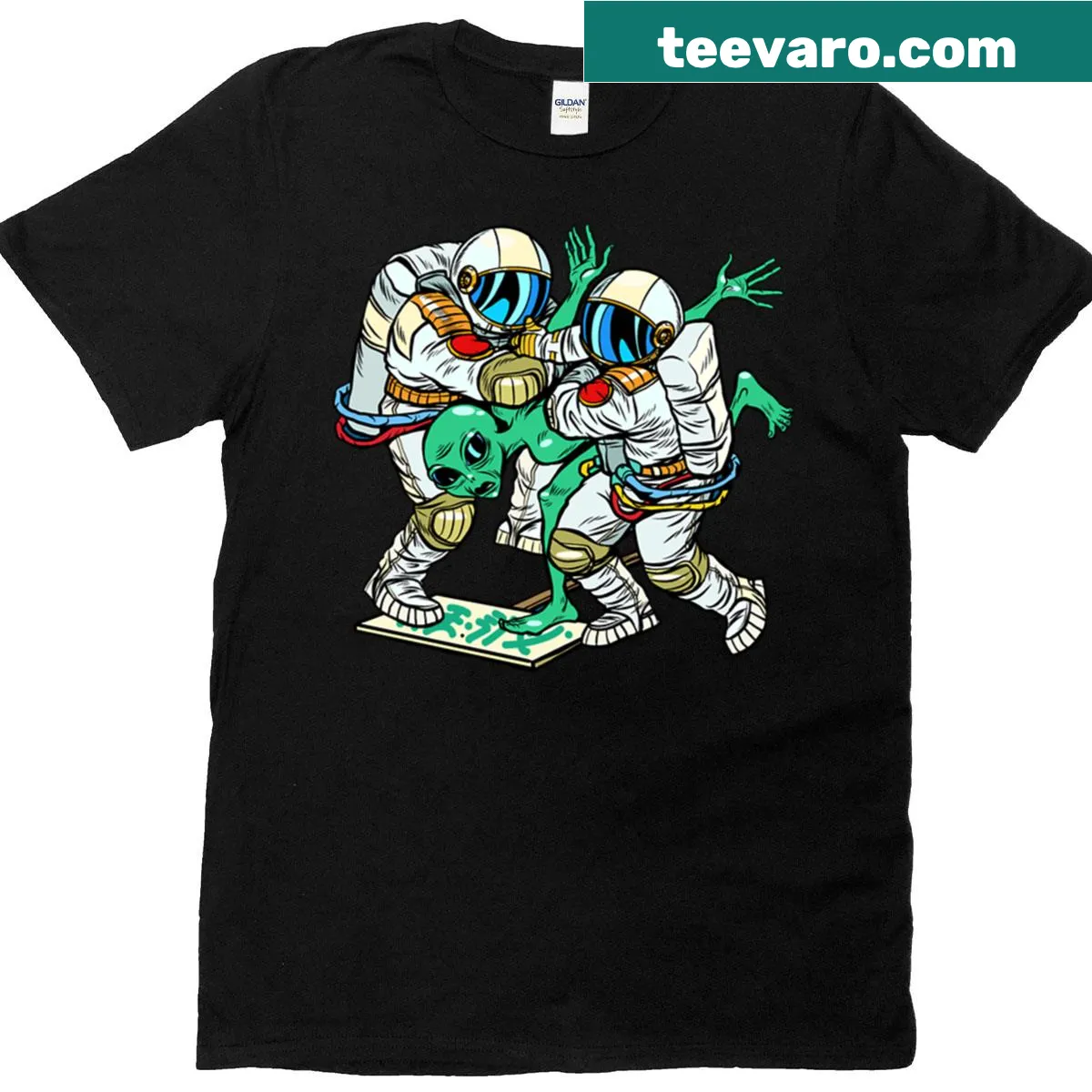 Illustration of astronauts and aliens in a humorous Area 51 theme on a T-shirt. — on a men's t-shirt