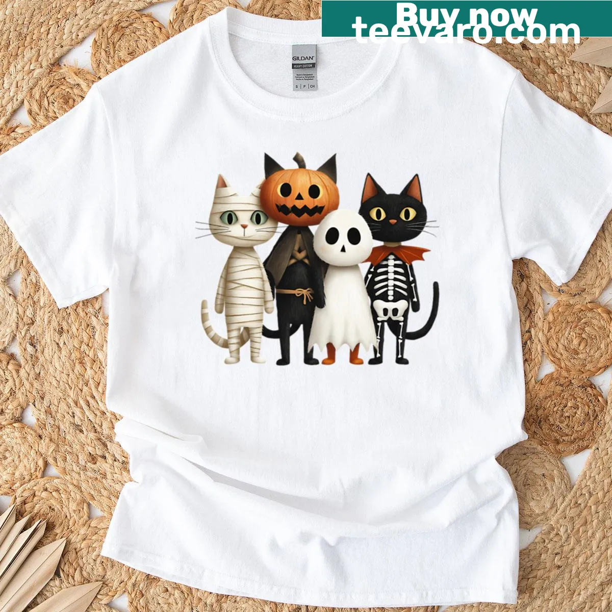Cartoon Halloween t-shirt featuring funny cats in festive costumes — on a men's t-shirt