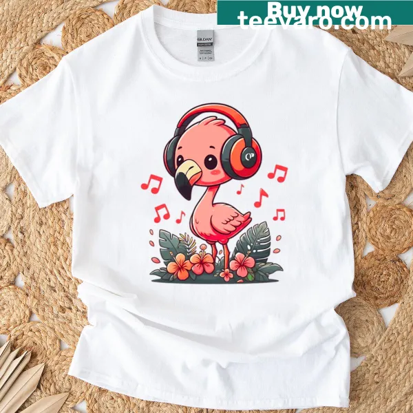 Chibi DJ Flamingo with headphones in a cute style
